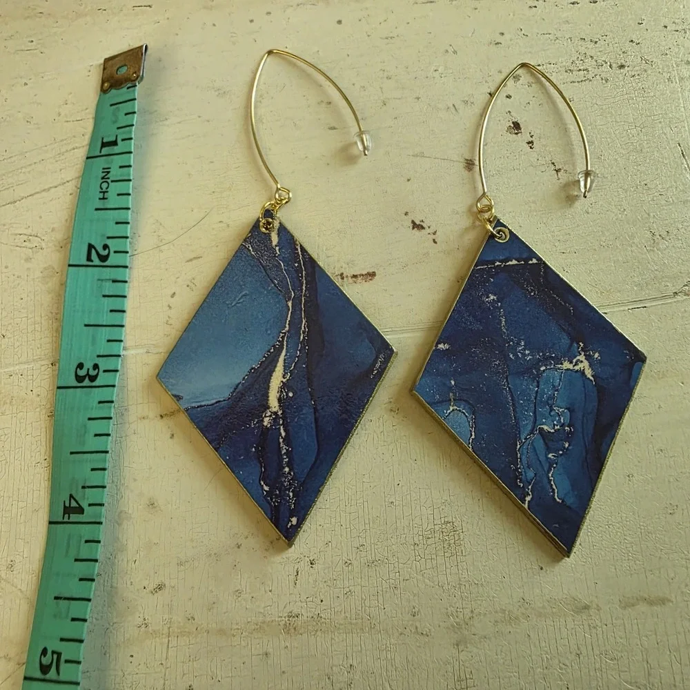 Handmade Abstract Wood Statement Earrings OOAK Deep Blue Gold Metallic Dangles